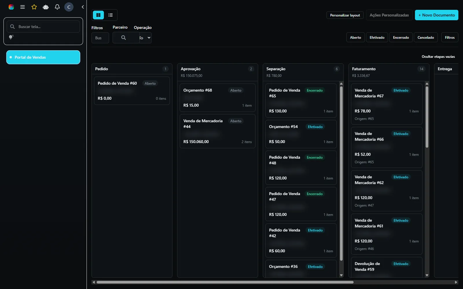 O quadro do Portal de Vendas, com os documentos distribuídos por etapa