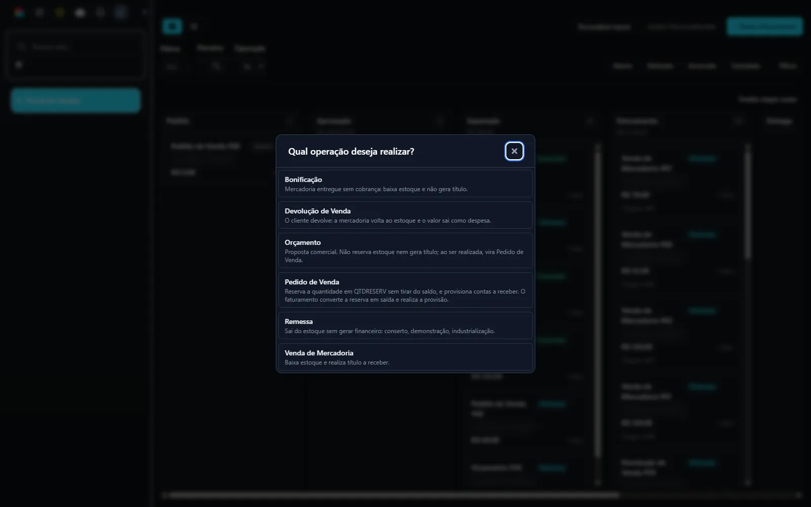 O diálogo de escolha da operação, com as seis operações do portal e a descrição de cada uma